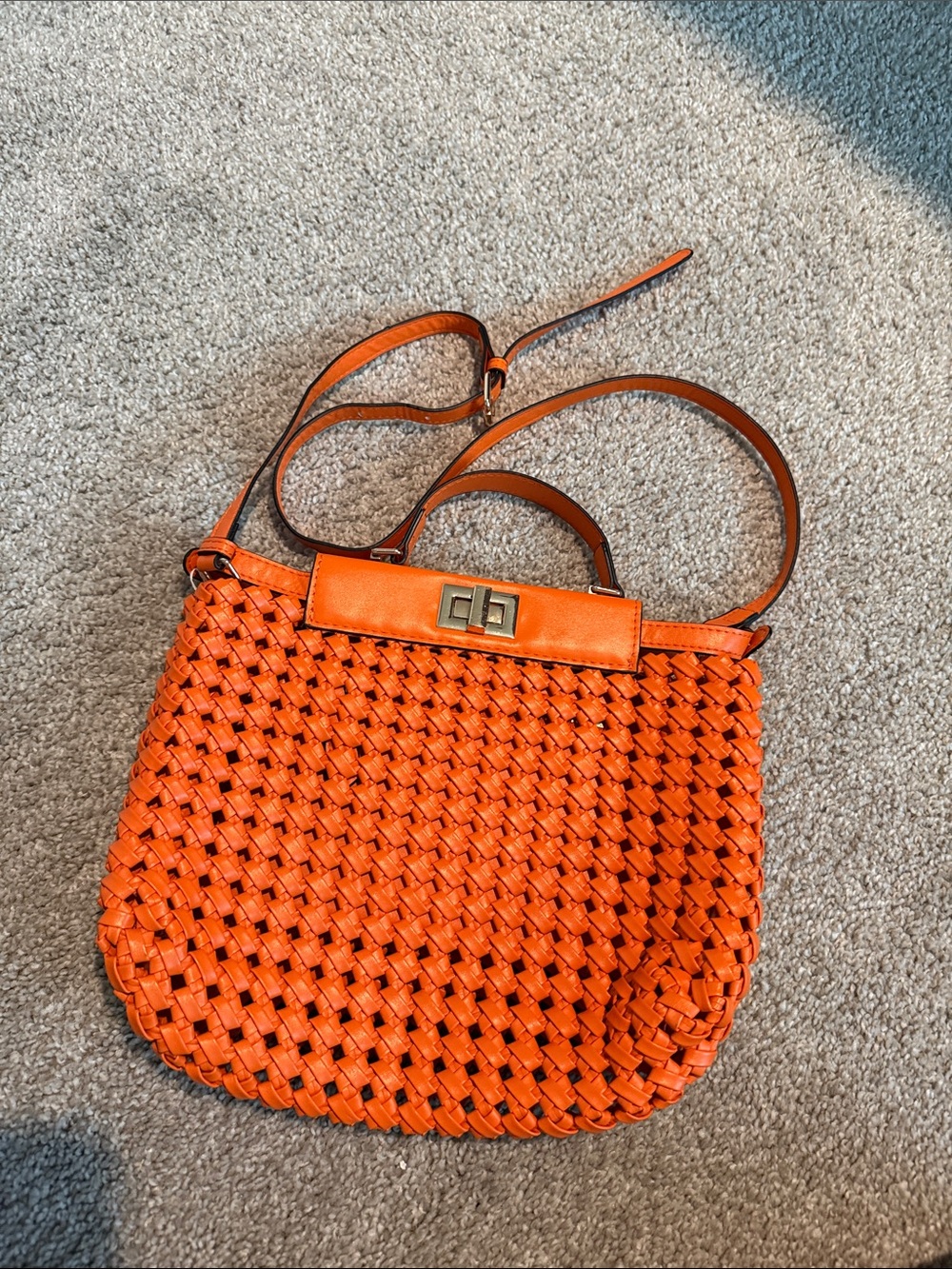 Orange Leather Woven Crossbody Handbag